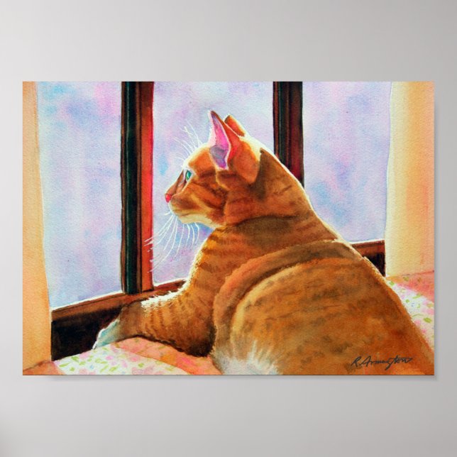 Poster Tabby de gingembre sur nappes florales (Devant)