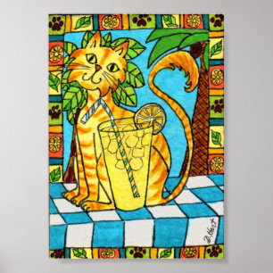 Poster Tabby Jaune Chat & Verre de Lemonade Mini Art popu