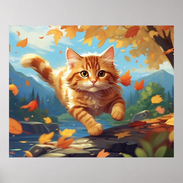 Poster *~* Tabby Jump Fall Leaves Kitten 5:4 Cat AP68 (Devant)