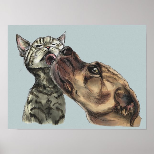 Poster Tabby Kitten Obtenir Un Pit Bull Baiser (Devant)