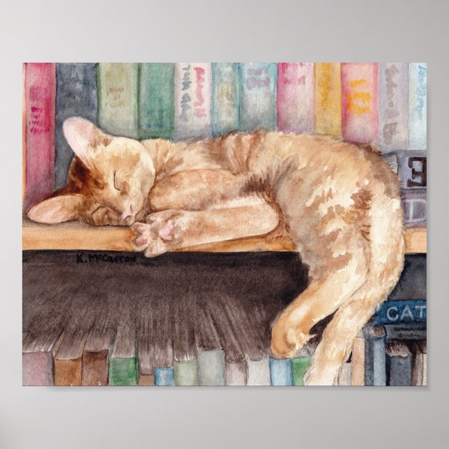 Poster Tabby orange dormant sur une tablette aquarelle (Devant)