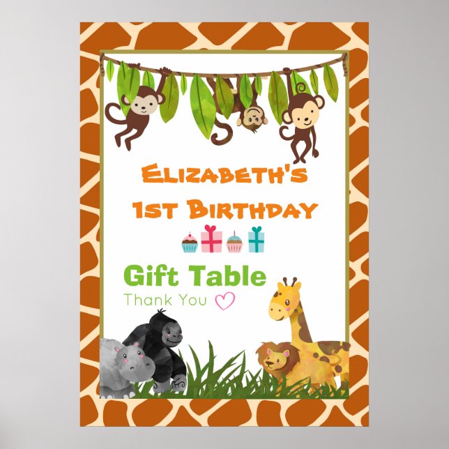 Poster Table Cadeau de fête d'anniversaire Safari Jungle  (Devant)