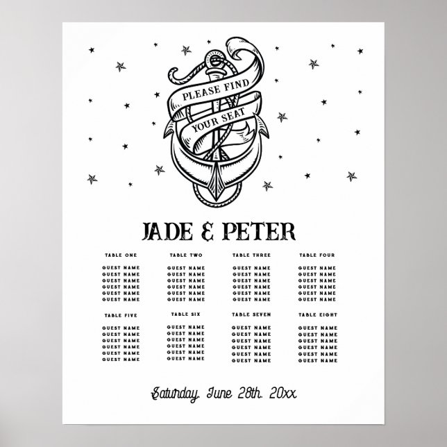 Poster Table Mariage Siège 8 Ancre traditionnelle tatouag (Devant)