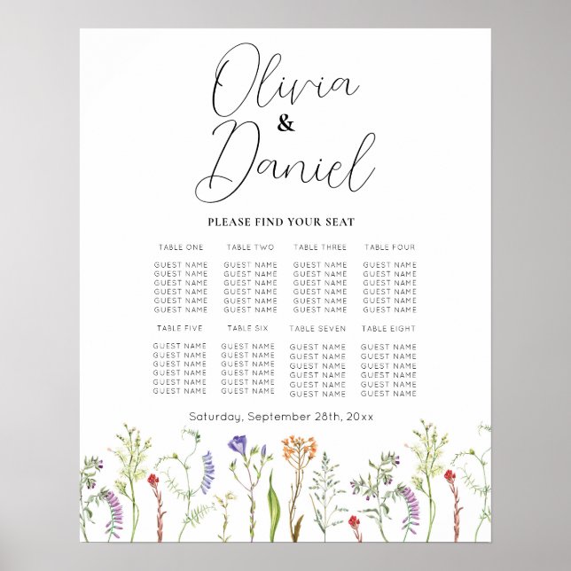 Poster Table Mariage Siège 8 Fleur sauvage Floral (Devant)