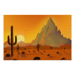 Poster Tableau d'art des 2 cactus en fond de désert aride