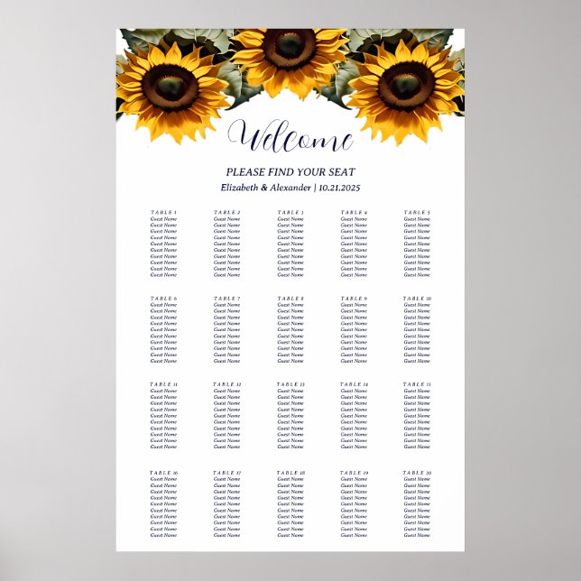 Poster Tableaux de sièges mariages de tournesols Jaune (Devant)