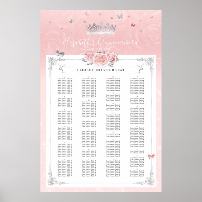 Poster Tableaux de sièges Roses Alphabétiques Argent Clai (Devant)