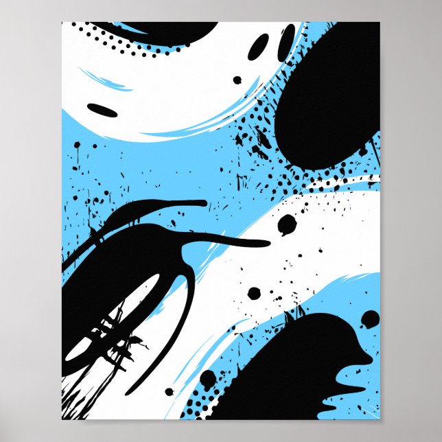 Poster Taches d'encre noire sur fond bleu et blanc (Devant)
