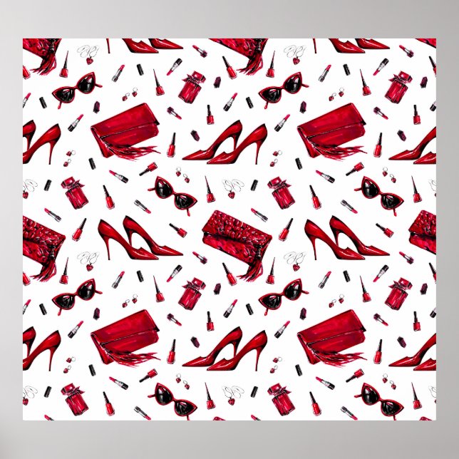 Poster talons rouges, motif d'accessoires de mode. (Devant)
