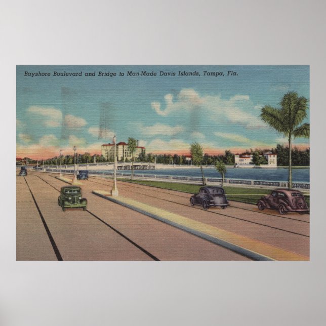 Poster Tampa, FL - Vue sur Bayshore Blvd, Bridge (Devant)