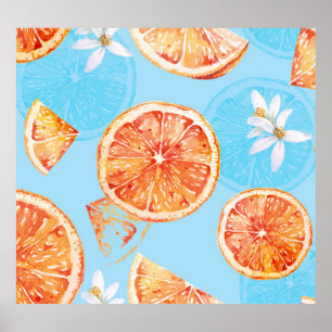 Poster Tangerines Aquarelle : Bleu Tissu Luxueux