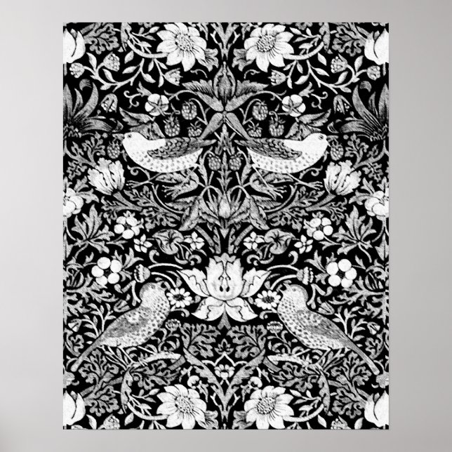 Poster Tapisserie Art Nouveau Oiseau & Fleur, Noir & Blan (Devant)