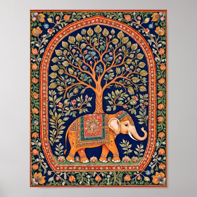 Poster Tapisserie indienne d'arbre saint et d'éléphant sa (Devant)