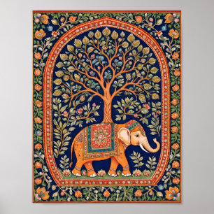 Poster Tapisserie indienne de l'arbre saint et de l'éléph