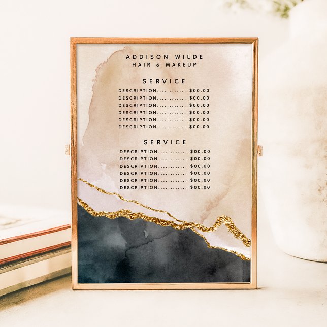 Poster Tarif de service Marbre Rose Noir Or Aquarelle (Créateur téléchargé)