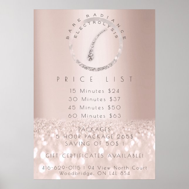Poster Tarifs Electrolyse Retrait des cheveux Beauté Rose (Devant)