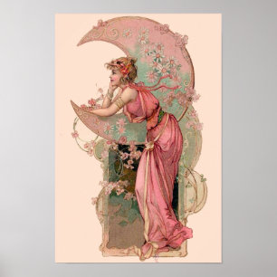 POSTER TAROTS / DAME DE LA LUNE AVEC FLEURS EN ROSE