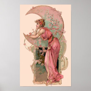 POSTER TAROTS / LADY DE LA LUNE AVEC FLEURS EN ROSE