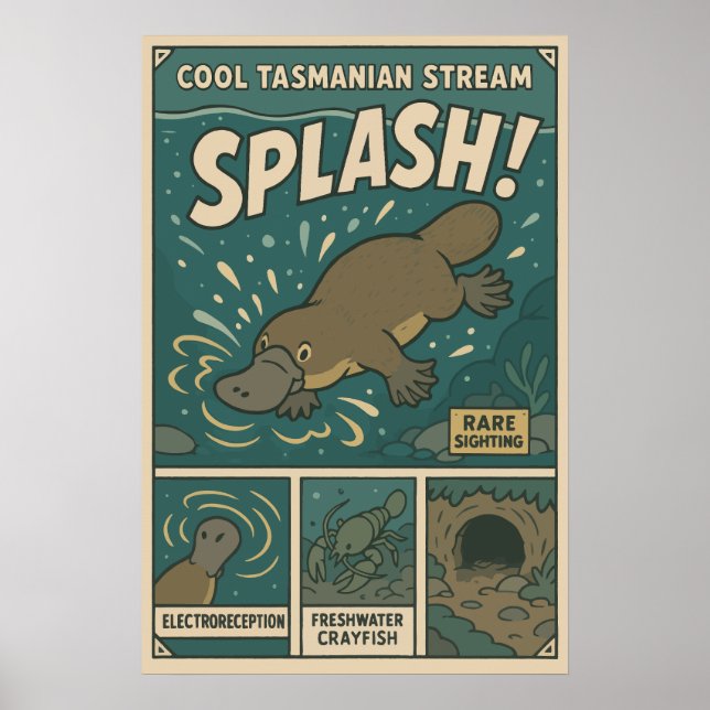 Poster Tasmanian Platypus Splash Retro Art (Devant)