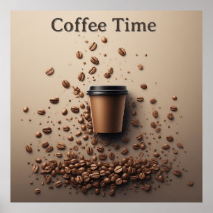 Poster Tasse de café flottante avec grains de café