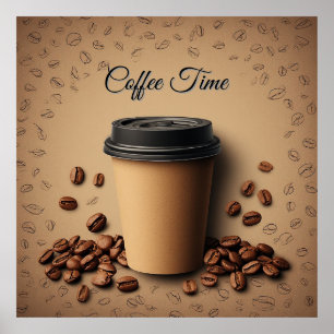 Poster Tasse de café flottante avec grains de café