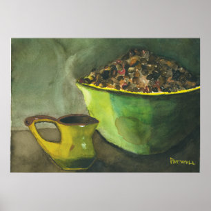 Poster Tasse de café fumant du matin Bol de grains de caf