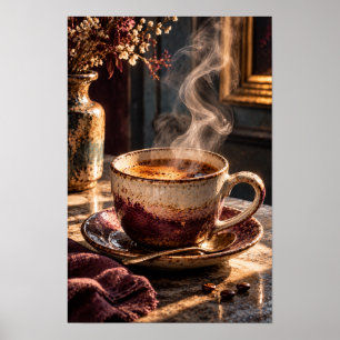 Poster Tasse de café rustique fumant – Café chaleureux du