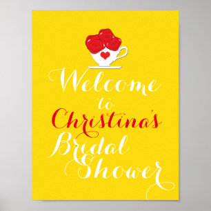 Poster Tasse de thé Roses rouges Jaune Bienvenue à la fêt