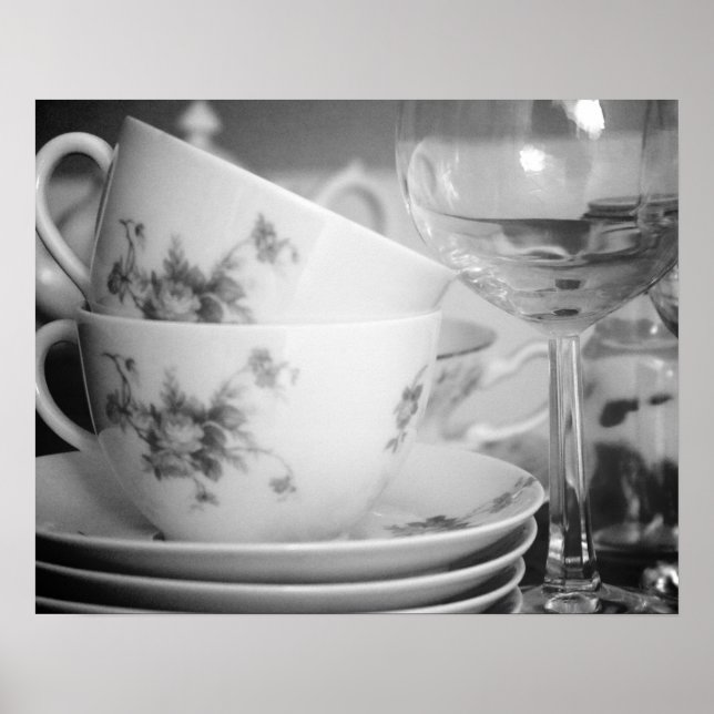 Poster Tasses à thé et gobelets floraux noir et blanc 16x (Devant)