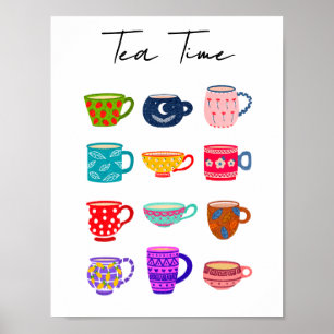 Poster Tasses aquarelles lumineuses de l'heure du thé Cui
