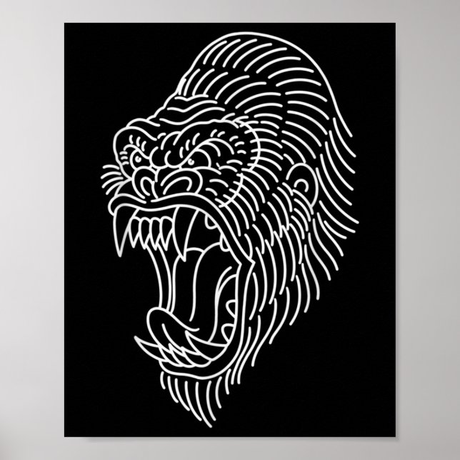 Poster Tatouage à la tête de gorille traditionnelle améri (Devant)