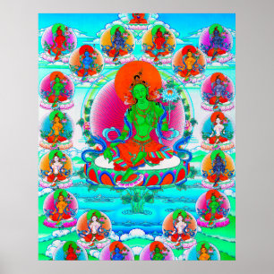 Poster Tatouage cool oriental tibétain thangka vert Tara