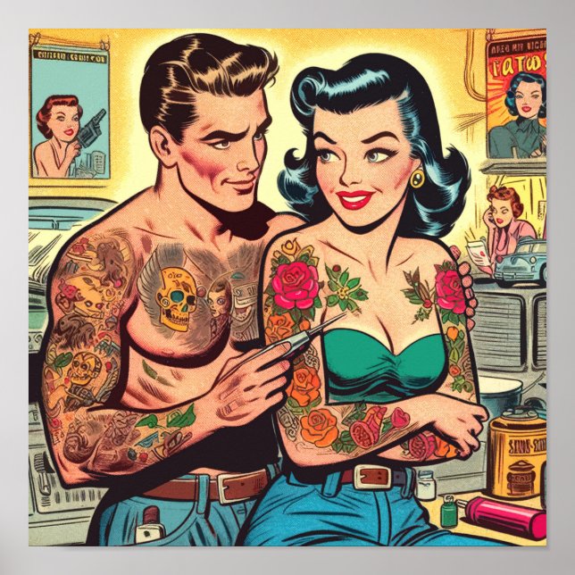Poster Tatouage Couple Comics Vintages (Devant)