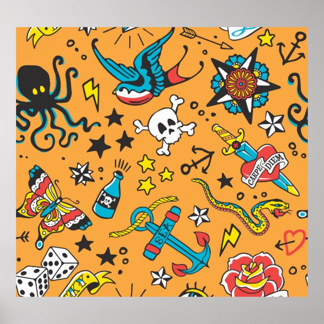 Poster Tatouage de l'ancienne école : mignon sans couture (Devant)