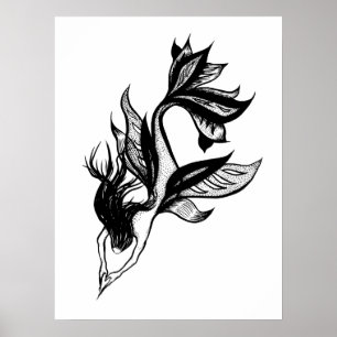 Poster Tatouage de sirène style brosse dessin d'encre omb