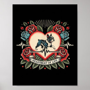 Poster Tatouage Rétro De Bulldog Français Avec Rose