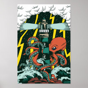 Poster Tatouage traditionnel Octopus et phare