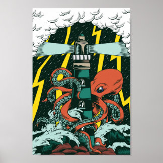 Poster Tatouage traditionnel Octopus et phare