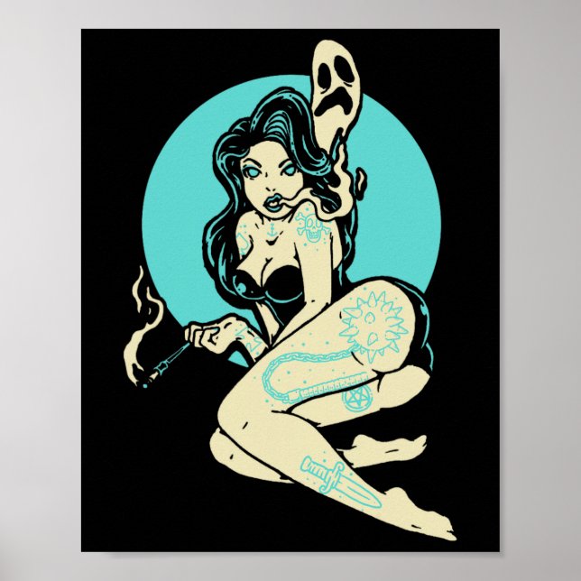 Poster Tatoué Goth Pin-up Girl Horror Ghost Moon Rockab (Devant)