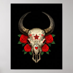 Poster Taureau de sucre avec des roses rouges sur noir