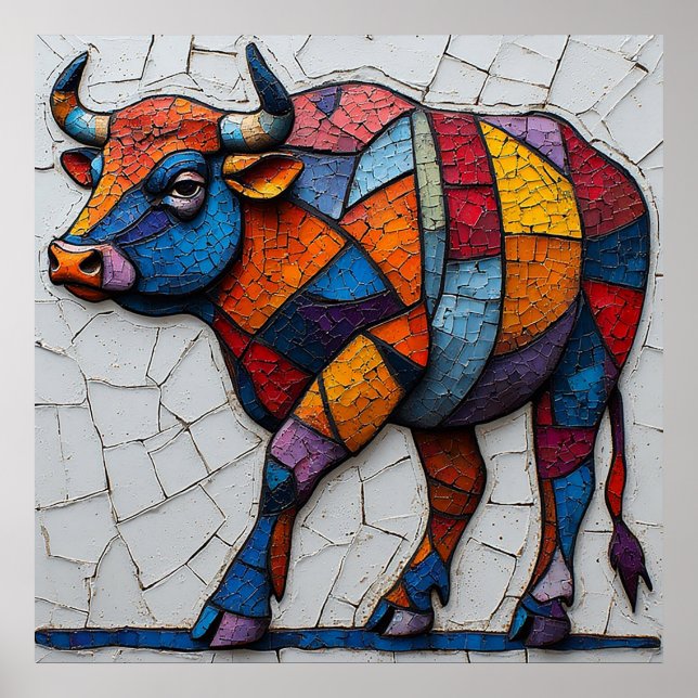 Poster Taureau Mosaïque Coloré (Devant)