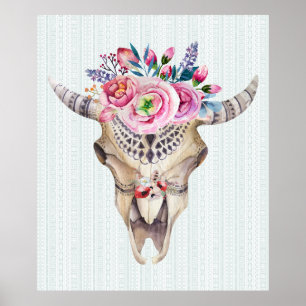 Poster Taureau Tribal Crâne et aquarelles roses Fleurs