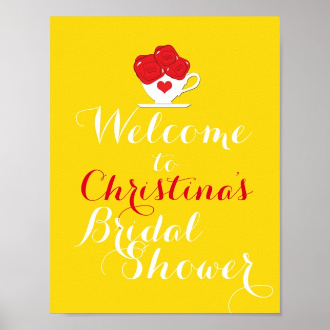 Poster Tea Cup Red Roses Jaune Party Welcome Table Sign (Devant)
