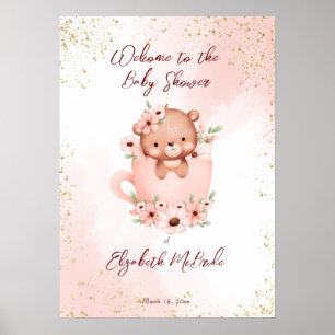 Poster Tea party baby shower rose en peluche dans une tas