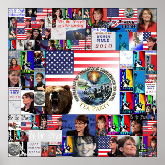 Poster TEA party Grizzly Bear Drapeau Sarah Palin collage