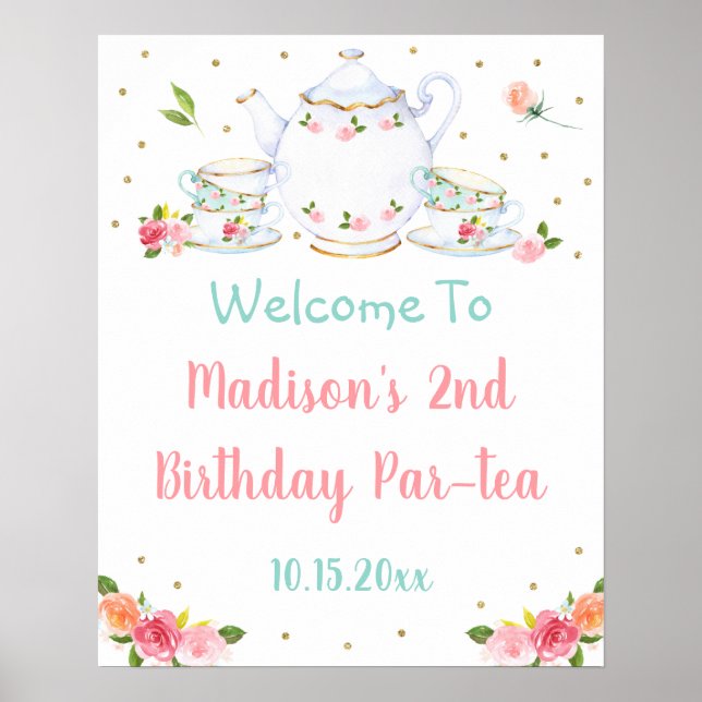 Poster Tea Party or rose Floral Anniversaire Bienvenue (Devant)