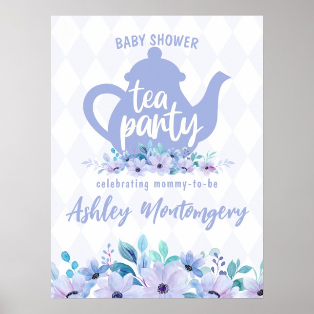 Poster Tea Party Purple Aquarelle Baby shower (Devant)