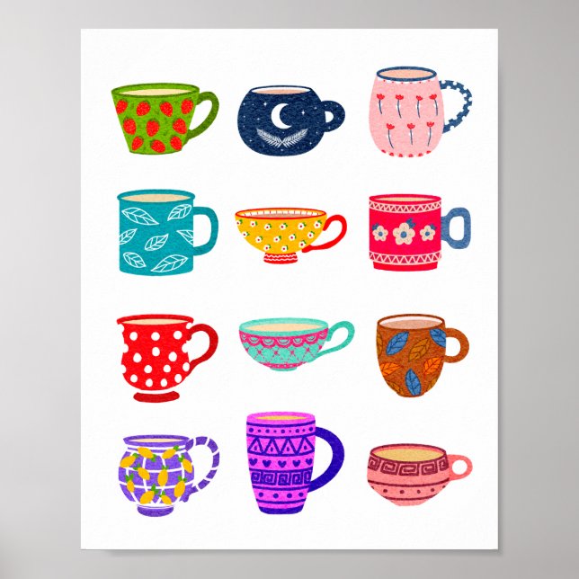 Poster Tea Time Coupes Aquarelle Lumineuse Cuisine Décor  (Devant)