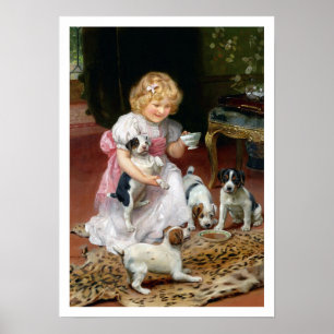 Poster Tea Time for Fox Terrier Puppies Vintage Chien Imp