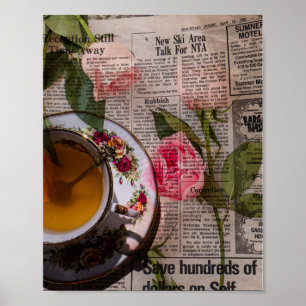 Poster Tea vieux papier manuscrit et roses roses roses